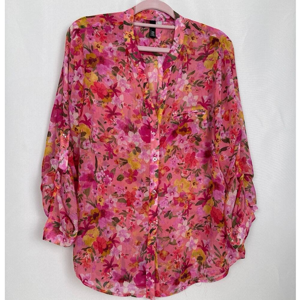 KUT From The Kloth Womens Floral Chiffon Blouse Size Large Pink Elegant Sheer